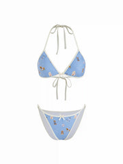 Halter Neckline Animal Graphic Bowknot Triangle Bikini Set