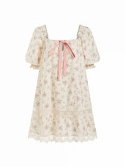 Cotton Square Neck Floral Puff Sleeve Bowknot Babydoll Mini Dress
