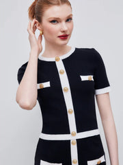 Knitted Round Neck Contrasting Binding Short Sleeve Top