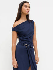 Asymmetrical Neck Wrap Metal Detail Ruched Midi Dress