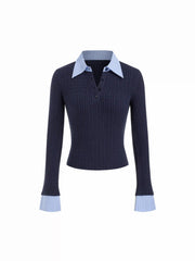 Cable Knit Collar Long Sleeve Stripe Top