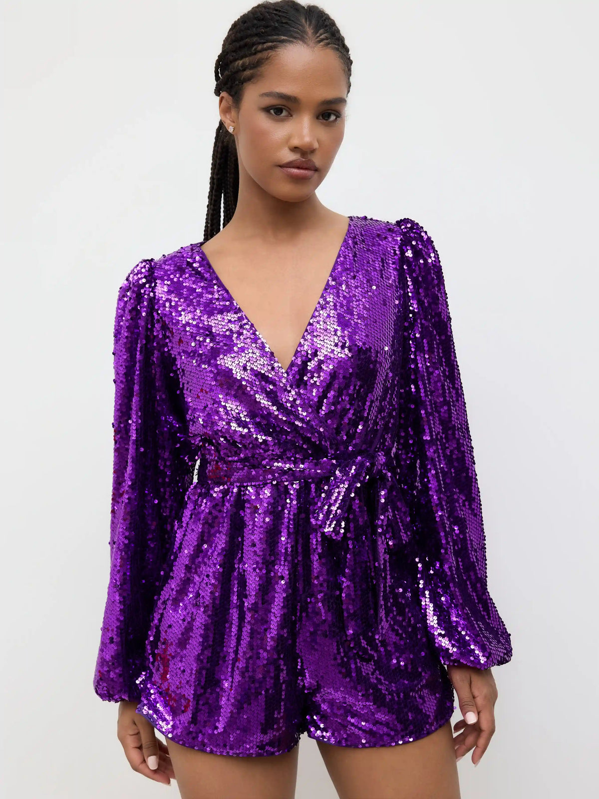 Sequin V-neck Solid Belted Romper