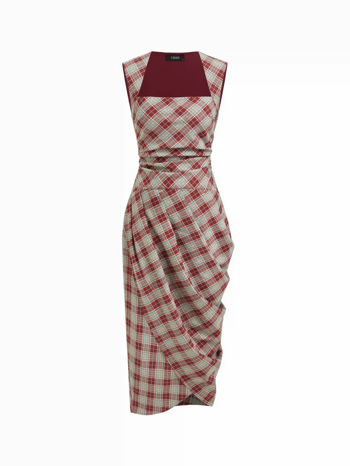 Geometric Checks Square Neck Wrap Ruched Midi Dress