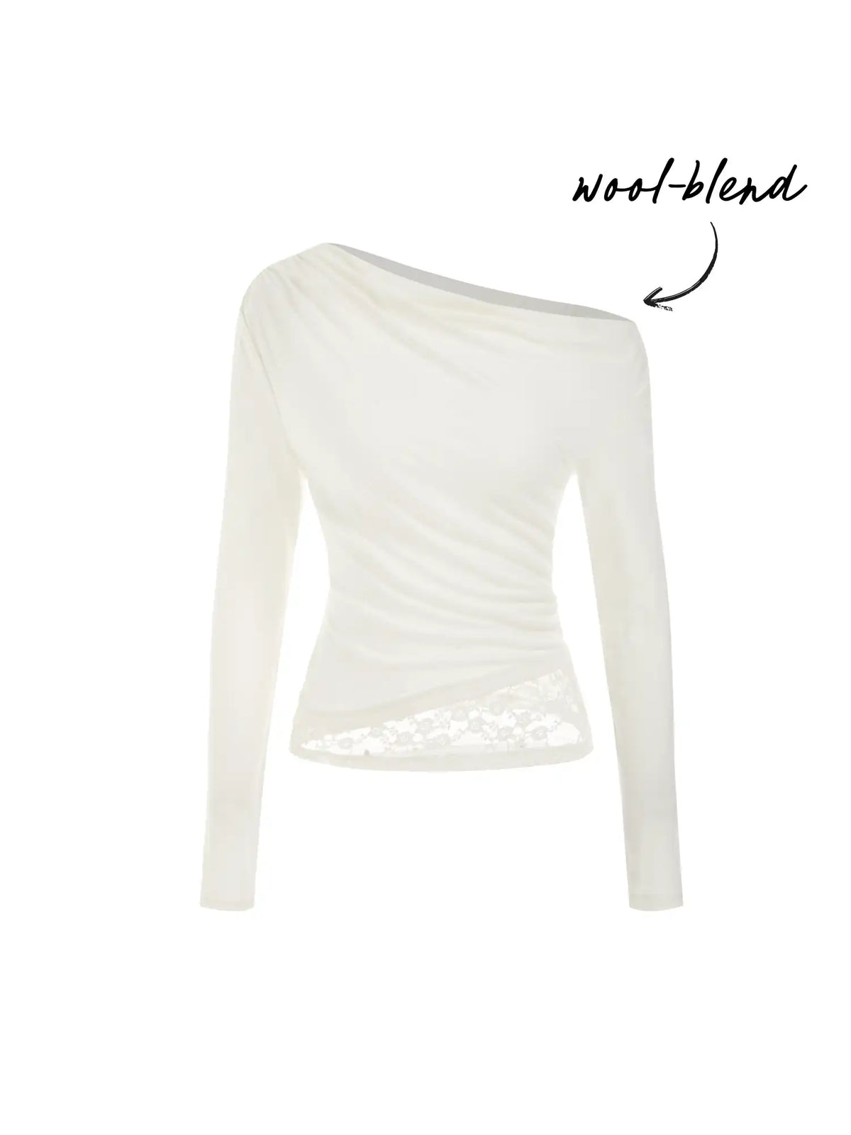 Wool-blend Asymmetrical Neck Lace Long Sleeve Tee