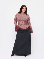 Floral Boat Neck Lace Trim Asymmetrical Hem Bell Sleeve Ruched Top Curve & Plus