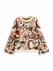 Knit Flower Graphic Round Neckline Abstract Long Sleeve Oversized Top