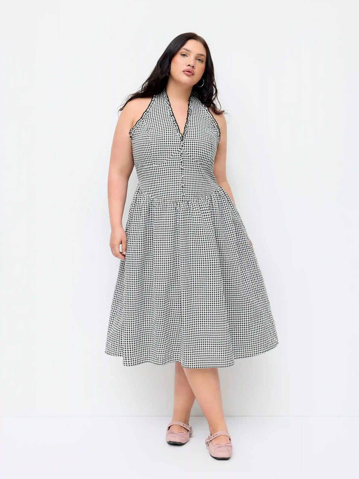Gingham V-neck Tie Back Midi Dress Curve & Plus