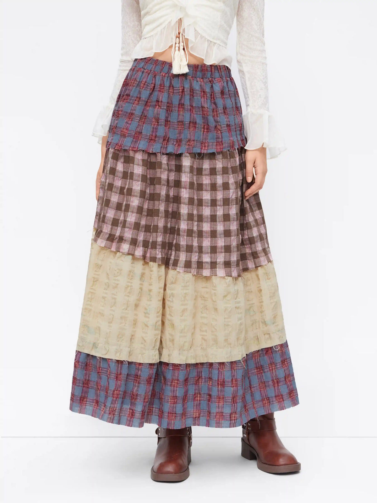 Cotton-blend Mid Rise Checks Colorblock Patched Tiered Maxi Skirt
