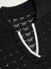 Knit Collar V-Neck Hollow Out See-through Top Curve & Plus