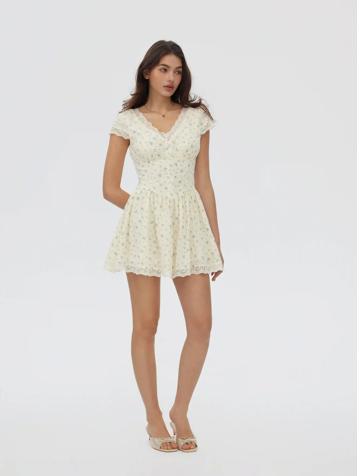 Cotton-blend Textured Floral V-neck A-line Mini Dress
