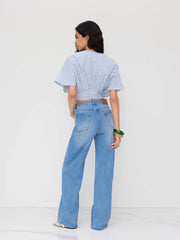 Cotton-blend V-neck Stripe Ruched Dolman Sleeve Shirt