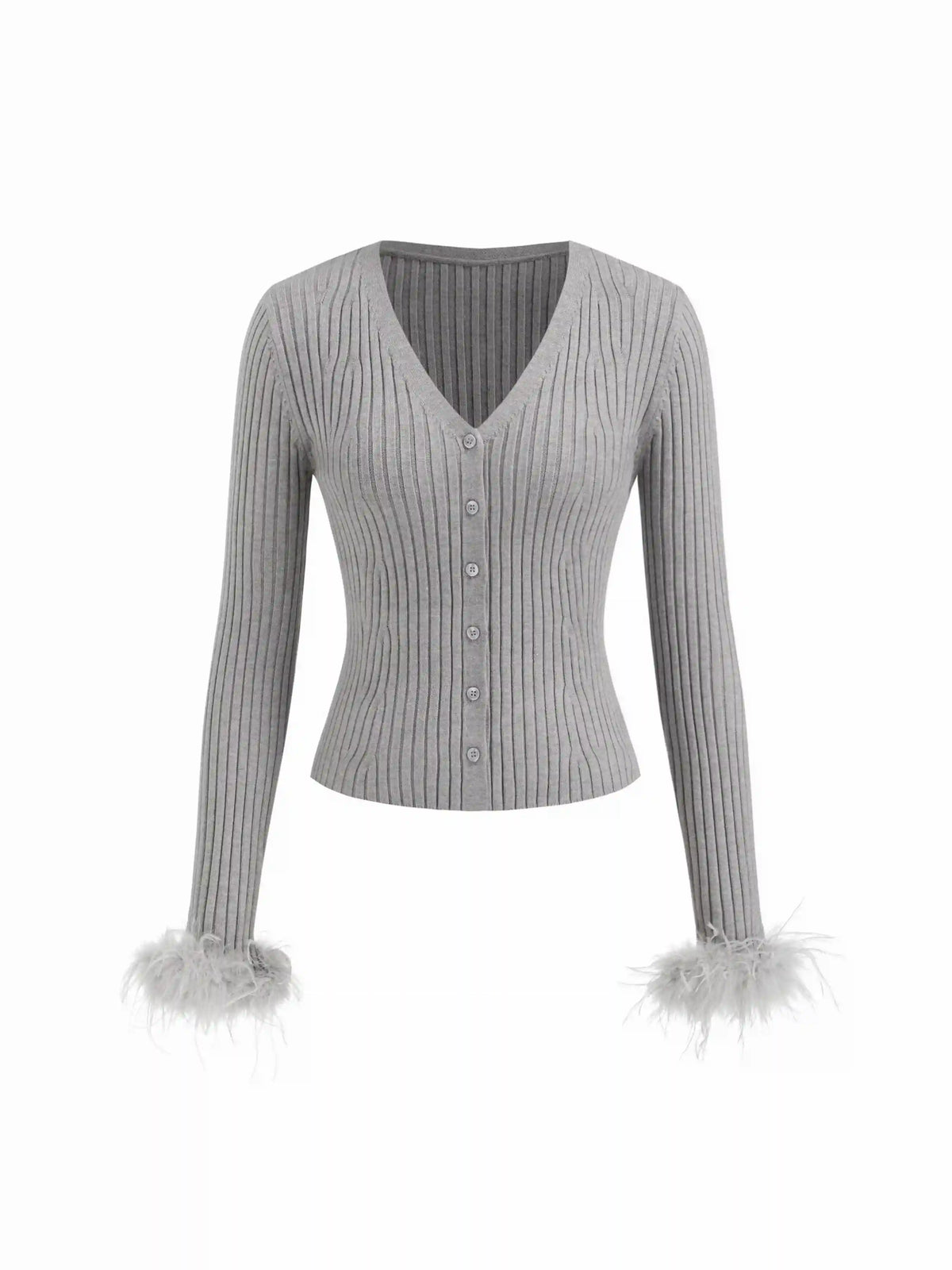 Knit V-neck Long Sleeve Top With Faux Feather Cuffs