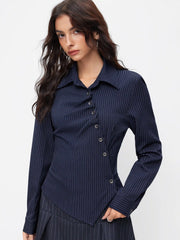 Cotton-blend Collar Check Asymmetrical Wrap Blouse