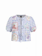 Linen-blend Gingham Fruit Graphic Tie Front Puff Sleeve Oversized Blouse