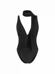 V-neck Ruched One-piece Swimsuit With Sheer Scarf
