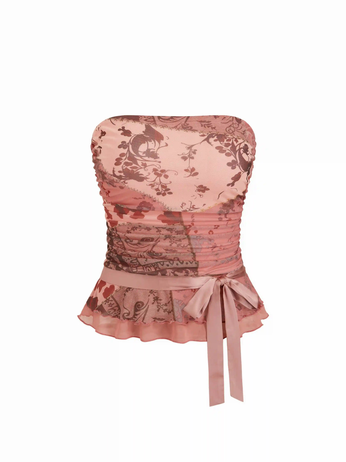 Mesh Aztec Graphic Strapless Ruched Bowknot Ruffle Hem Crop Bandeau Top