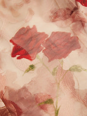 Chiffon Rose Pattern Ruffle Hem Asymmetrical Neck Dress