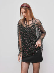 Mesh Stand Collar Floral Oversized Blouse & Cami Top