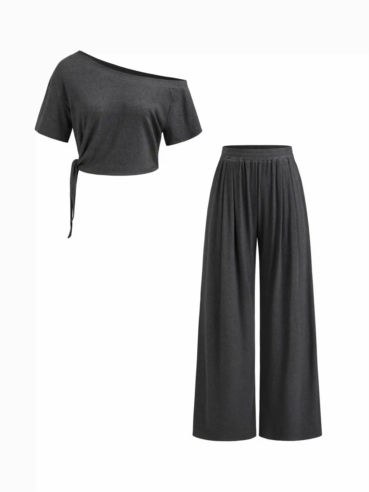 Asymmetrical Neck Short Sleeve Knotted Top & Mid Rise Trousers Set