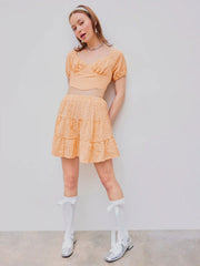 Sweetheart Backless Puff Sleeve Crop Top & Ruffle Hem Mini Skirt
