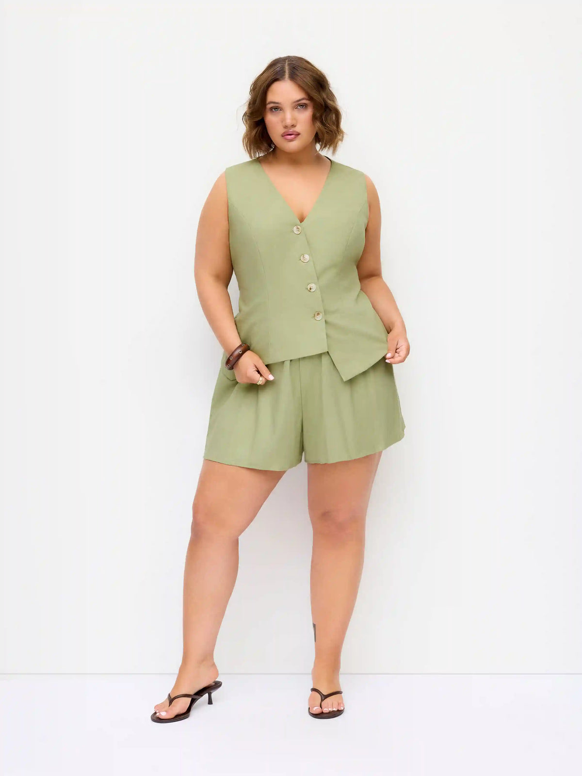 Linen-blend Asymmetrical Hem Lace Up Vest & Mid Rise Shorts Set Curve & Plus