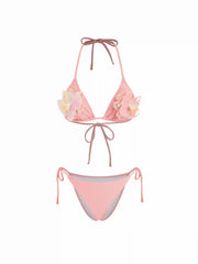 V-neck Floral Sequin Detail Tie Side Triangle Bikini Set