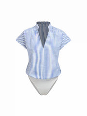 Cotton-blend Striped V-neck Ruffled Collar Sleeveless Bodysuit