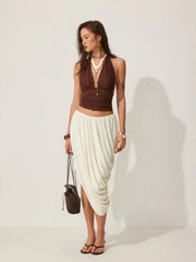 Draped Asymmetrical Bubble Hem Low Rise Midi Skirt