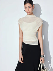 High Neck Ruched Asymmetrical Sheer Short Sleeve Top