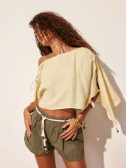 Linen-blend Asymmetrical Neck Drawstring Cloak Sleeve Oversized Blouse