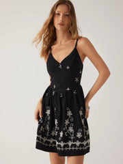 Jersey V-neck Floral Embroidery Flared Cami Mini Dress