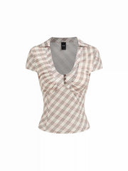 U-neckline Tartan Short Sleeve Top