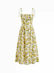 Linen-blend Square Neck Lemon Ruched Shirred Cami Midi Dress