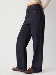 Denim Mid Rise Button Contrasting Binding Straight Leg Jeans