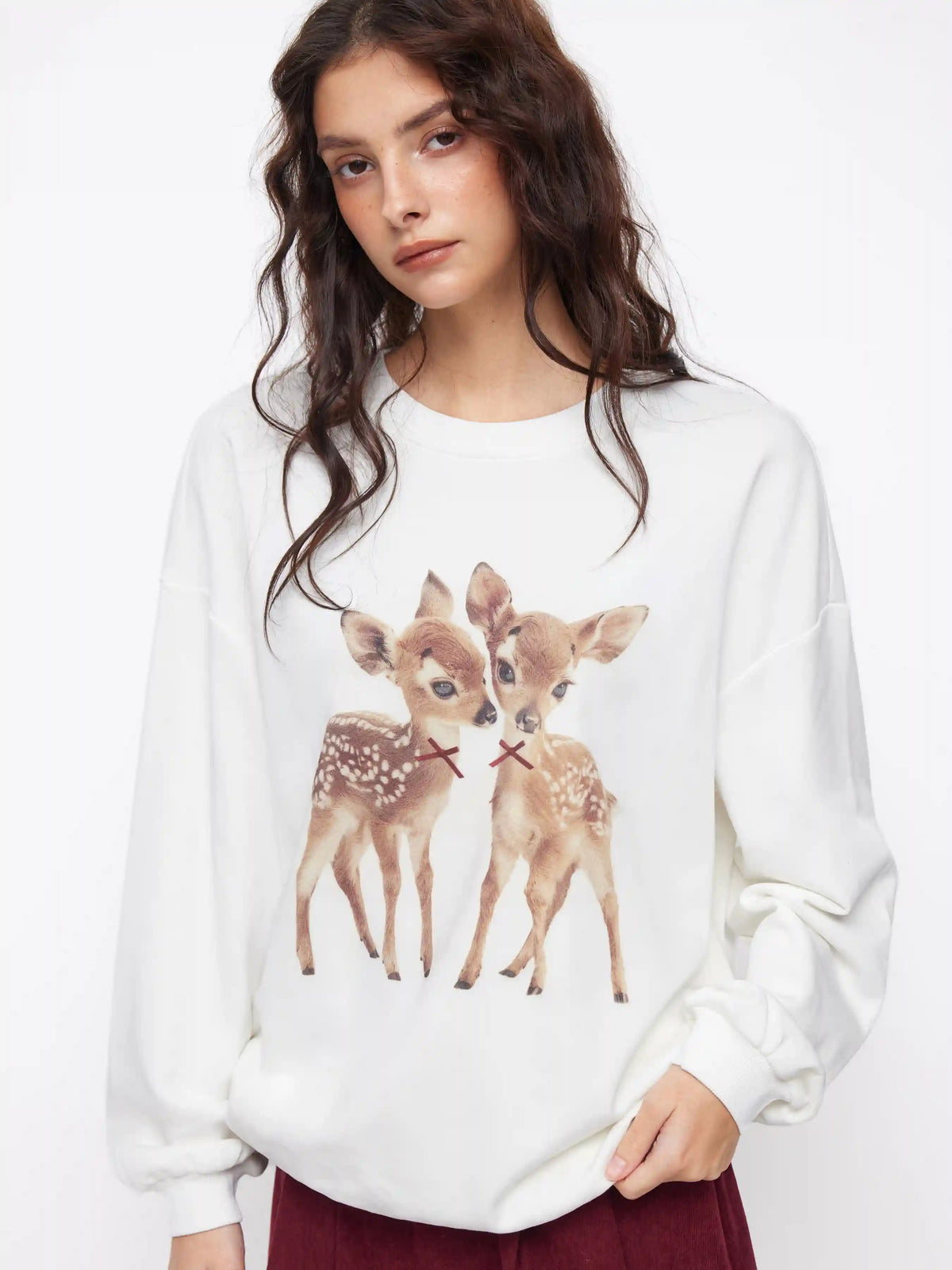 Cotton-blend Deer Graphic Bowknot Oversized Sweatshirt