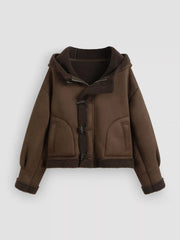 Faux Shearling Hooded Pocket Toggle Button Oversized Jacket