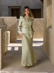 Satin V-neck Draped Pearl Button Top &  Mid Rise Mermaid Maxi Skirt Set