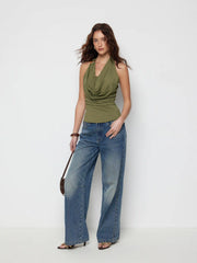 Halter Neckline O-Ring Ruched Draped Top
