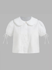 Cotton-blend Doll Collar Solid Knotted Short Sleeve Shirt