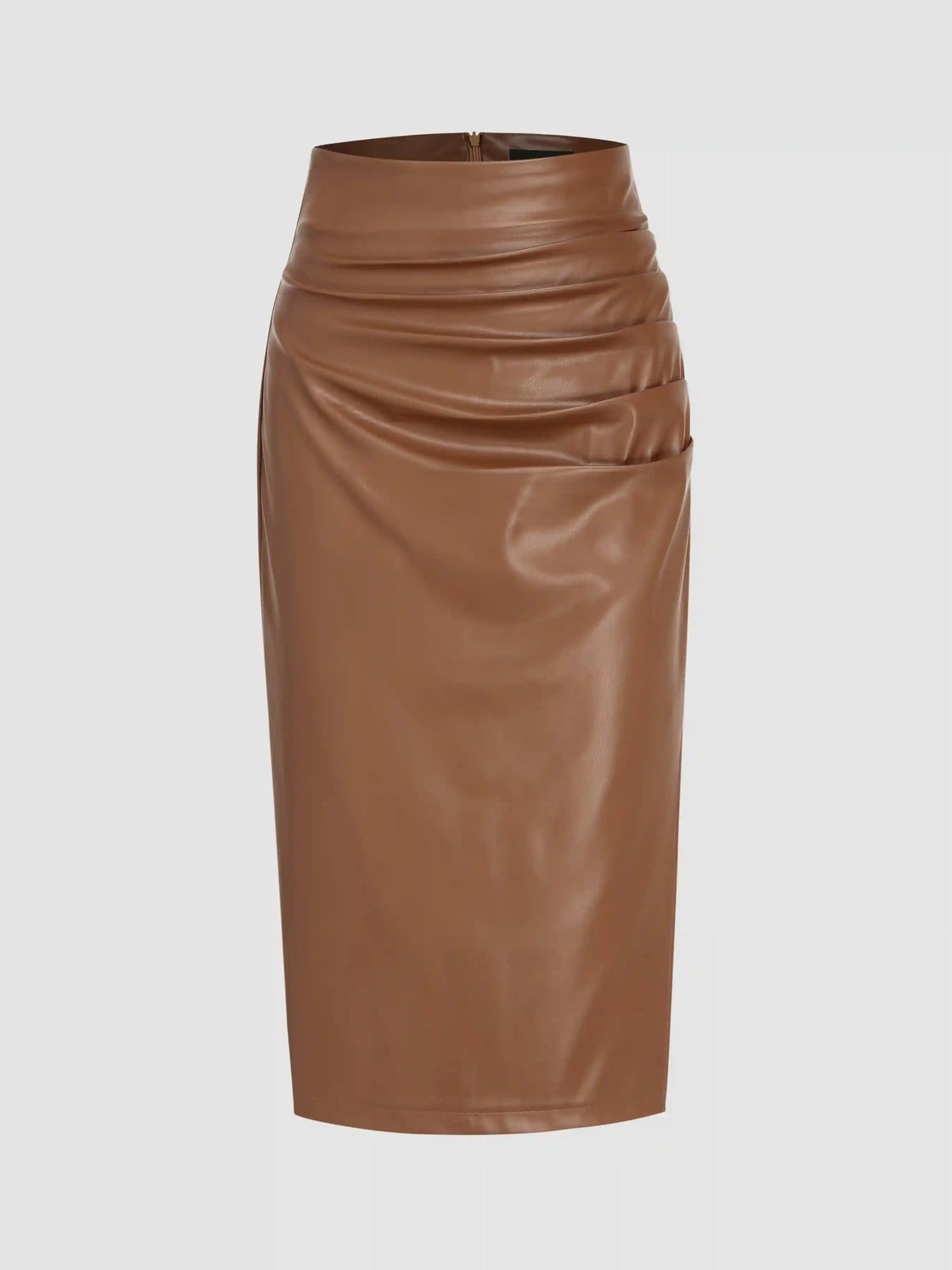 Faux Leather Mid Waist Ruched Midi Skirt