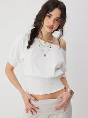 Cotton-blend Asymmetrical Neck Ruffled Sleeve Shirred Oversized Tee