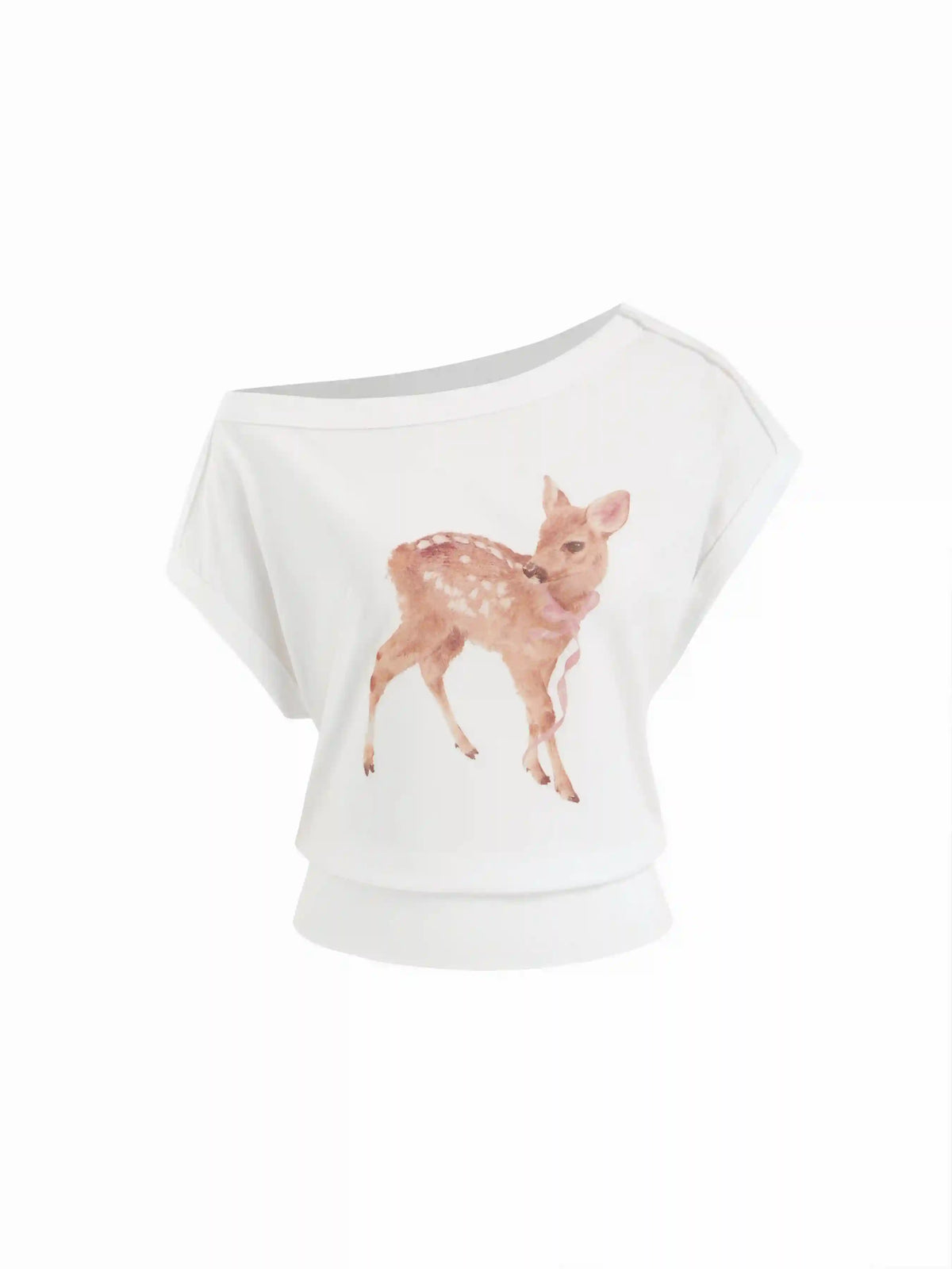 Cotton-blend Deer & Bowknot Graphic Asymmetrical Neck Tee