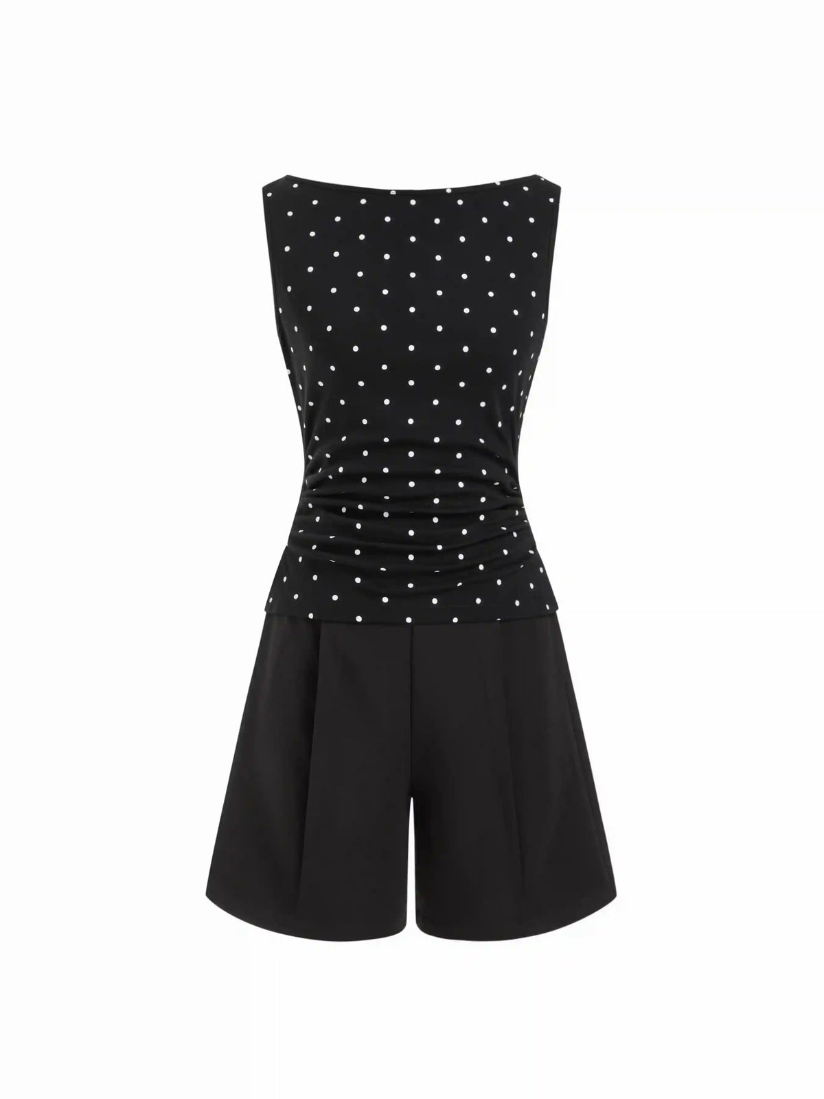 Polka Dot Boat Neck Ruched Mid Rise Romper