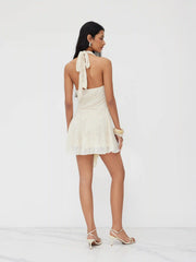 Cowl Halter Neckline Lace Knotted Ruffle Mini Dress
