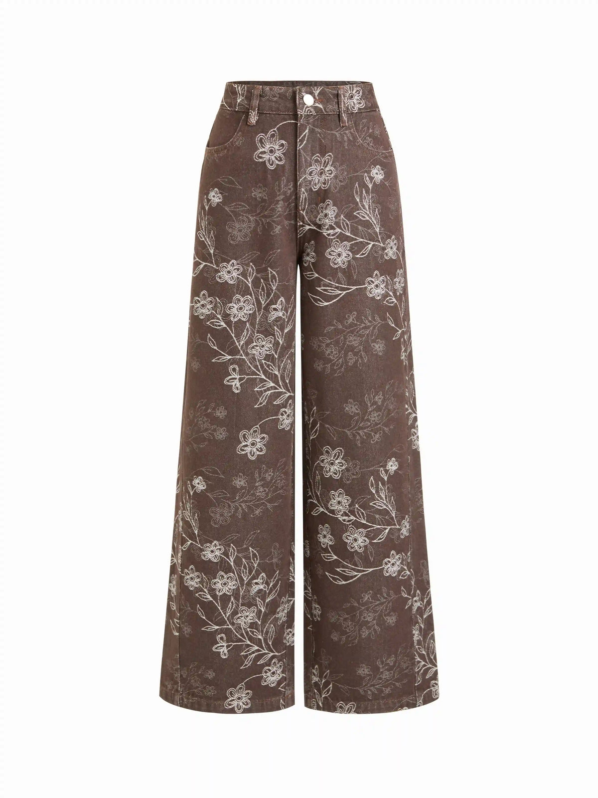 Cotton-blend Low Rise Floral Wide Leg Trousers