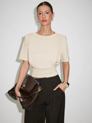 Boat Neck Short Sleeve Pleated Top With Shoulder Pads