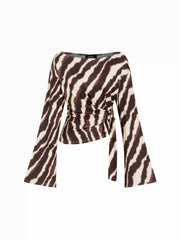 Boat Neck Zebra Striped Belted Bell Sleeve Top
