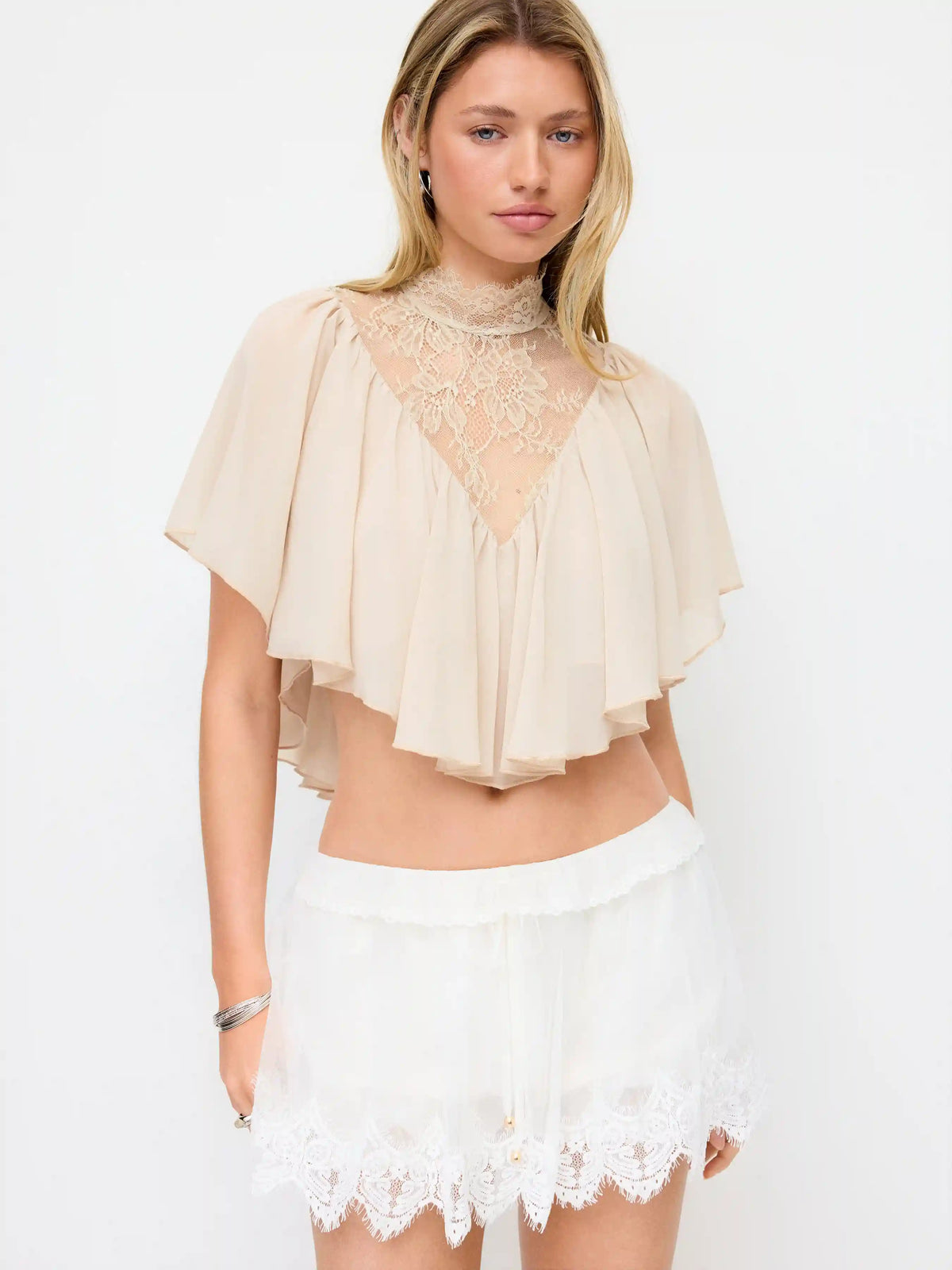 Chiffon Floral Lace Stand Collar Cloak Sleeve Oversized Blouse