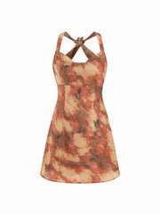 Abstract Floral Cowl Neck Backless A-line Mini Dress With Metal Detail