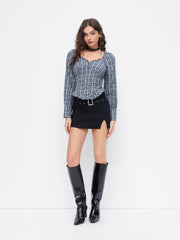 Cotton-blend Sweetheart Neckline Plaid Lettuce Trim Blouse